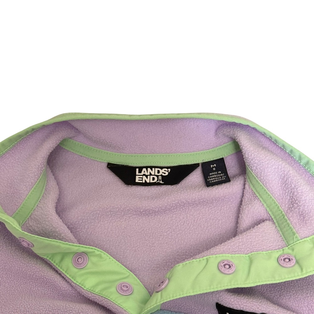 Lands End Kids M 8 Colorblock Fleece Pullover Snap Mock Neck Purple Blue Green - Picture 7 of 8